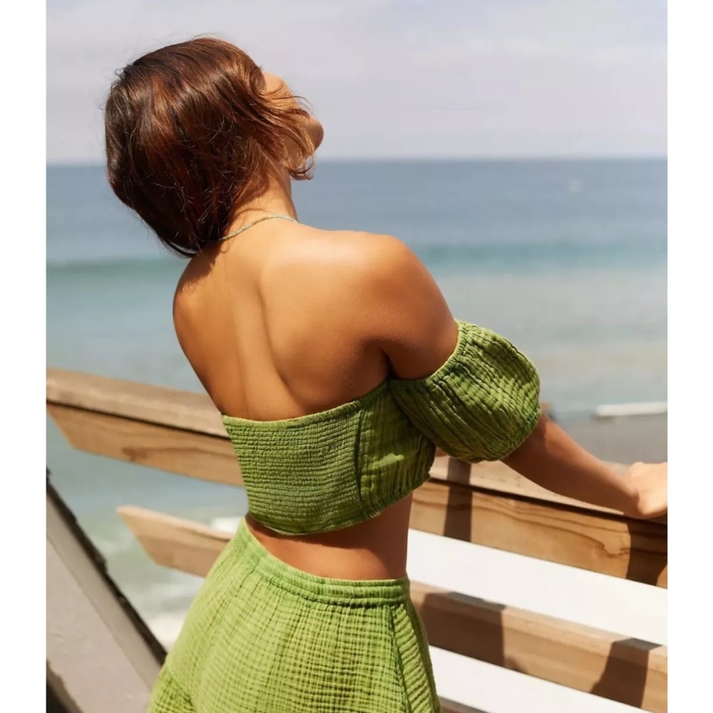 Anthropologie Green Cotton Puff Sleeve Crop Top-XL